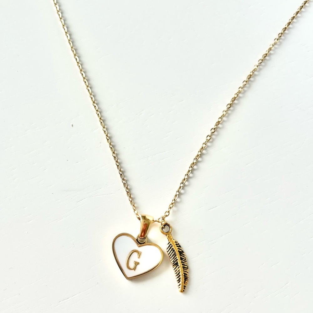 Initial Letter Necklace. G. Gold Heart and Feather 14k Gold Plated